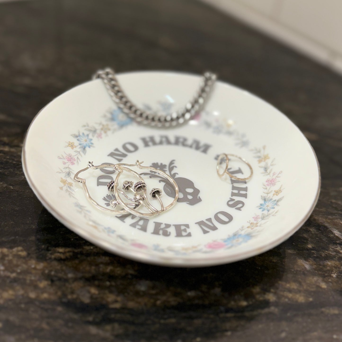 "Do No Harm, Take No Shit" | Vintage Upcycled Trinket Tray | 5.5 in