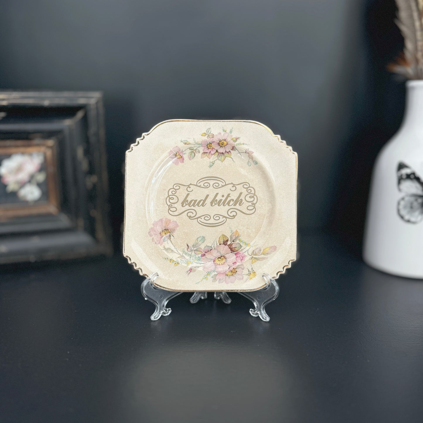 "Bad Bitch" | Sassy Phrase Art | Upcycled Vintage Trinket Tray | 6 in