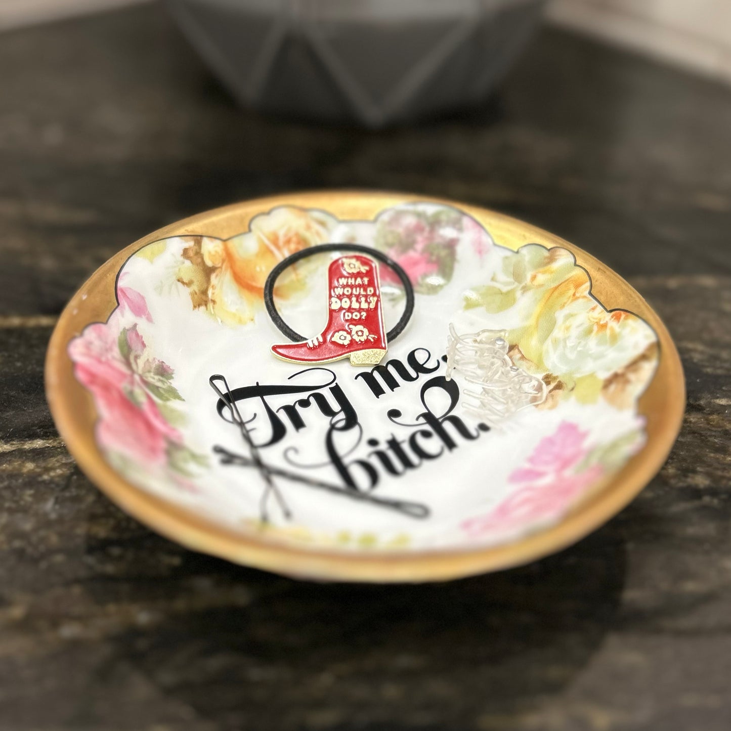 "Try Me, Bitch" | Vintage Upcycled Trinket Tray |  5 in