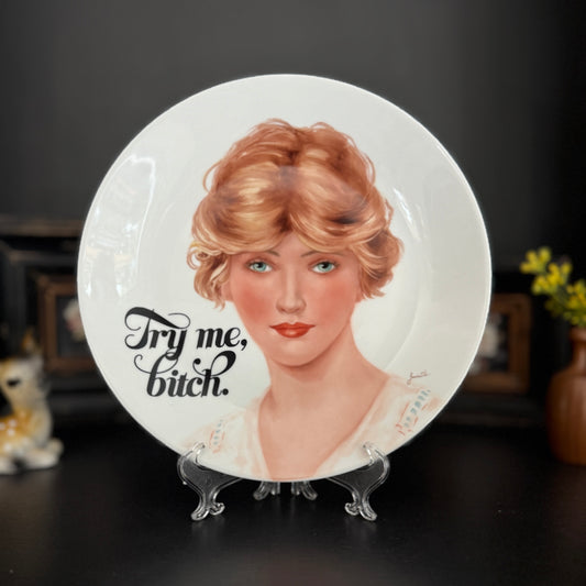 "Try Me, Bitch" | Handpainted Vintage Upcycled Plate |  9.5 in