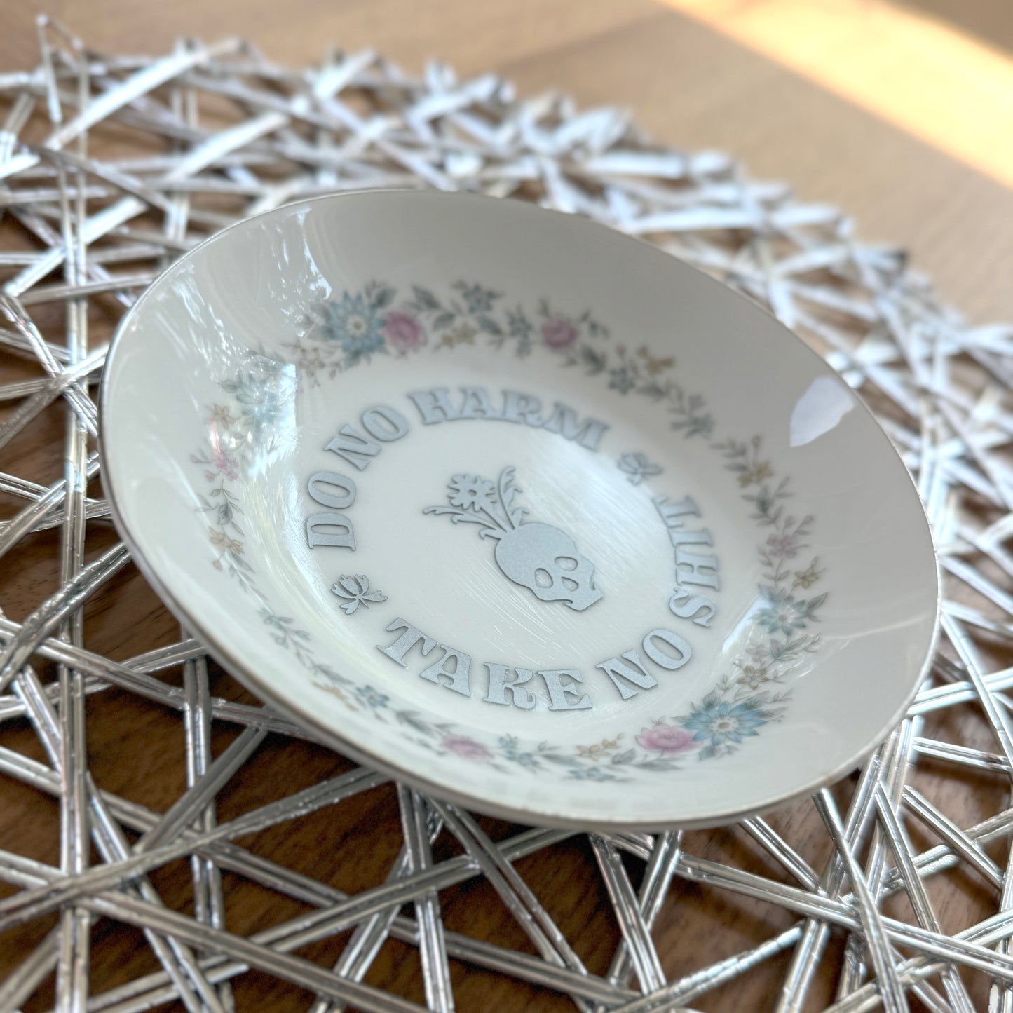 "Do No Harm, Take No Shit" | Vintage Upcycled Trinket Tray | 5.5 in