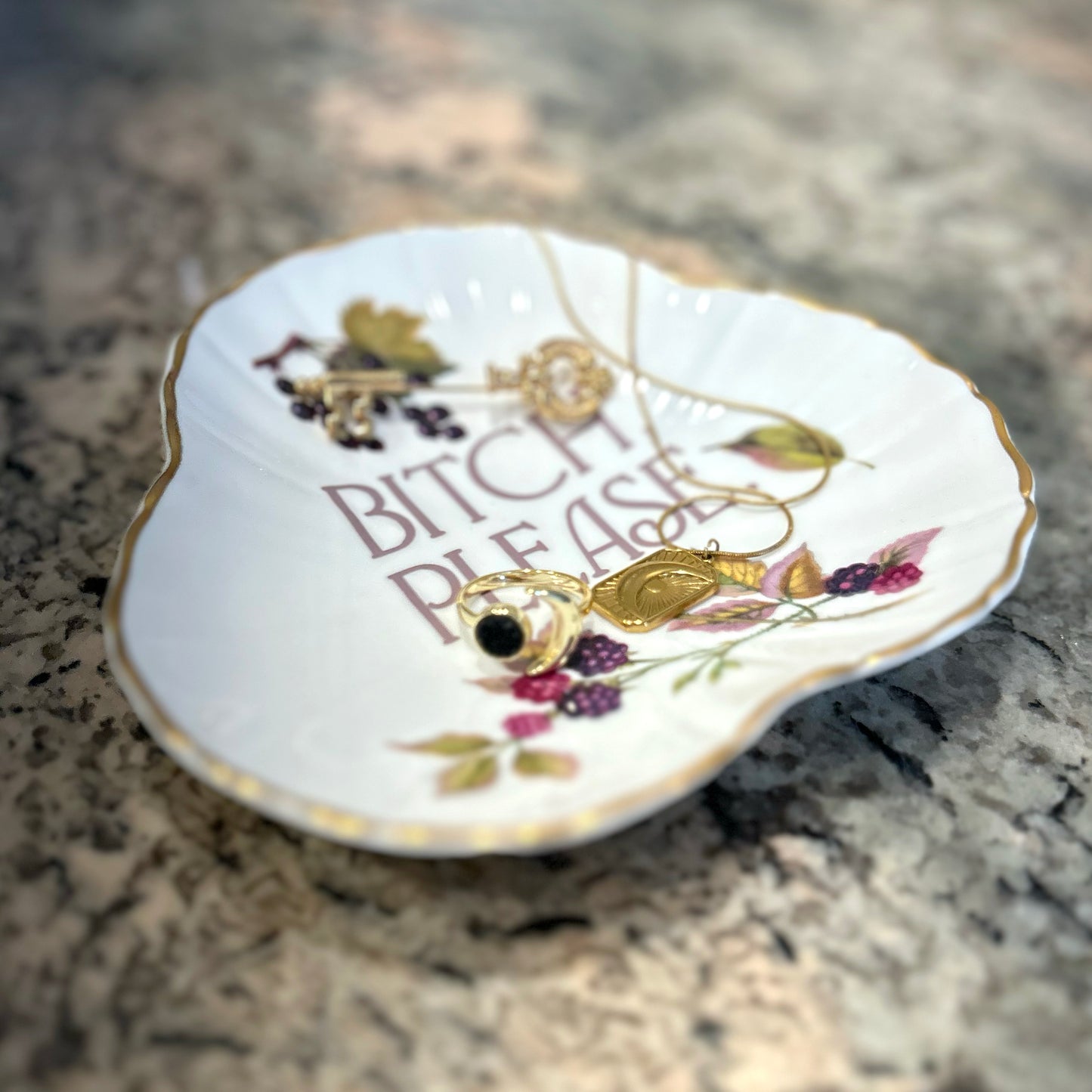 "Bitch, Please" | Vintage Trinket Tray with Phrase |  5.5 in