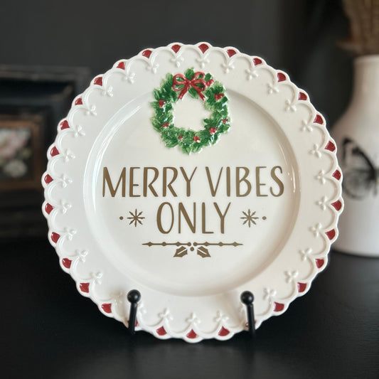 "Merry Vibes Only" | Christmas Holiday Decor | Upcycled Vintage Decorative Plate | 8 in